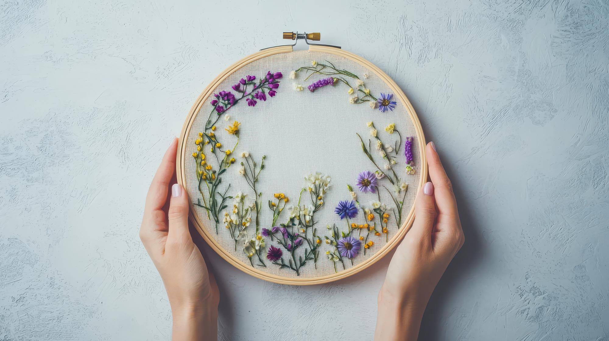 Hands holding embroidered patch near window